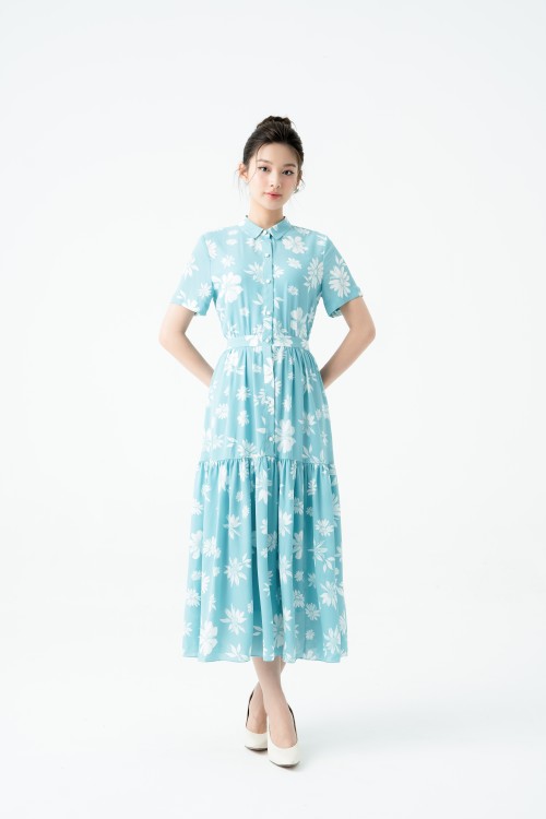 Sixdo Dark Mint Floral Midi Voile Dress